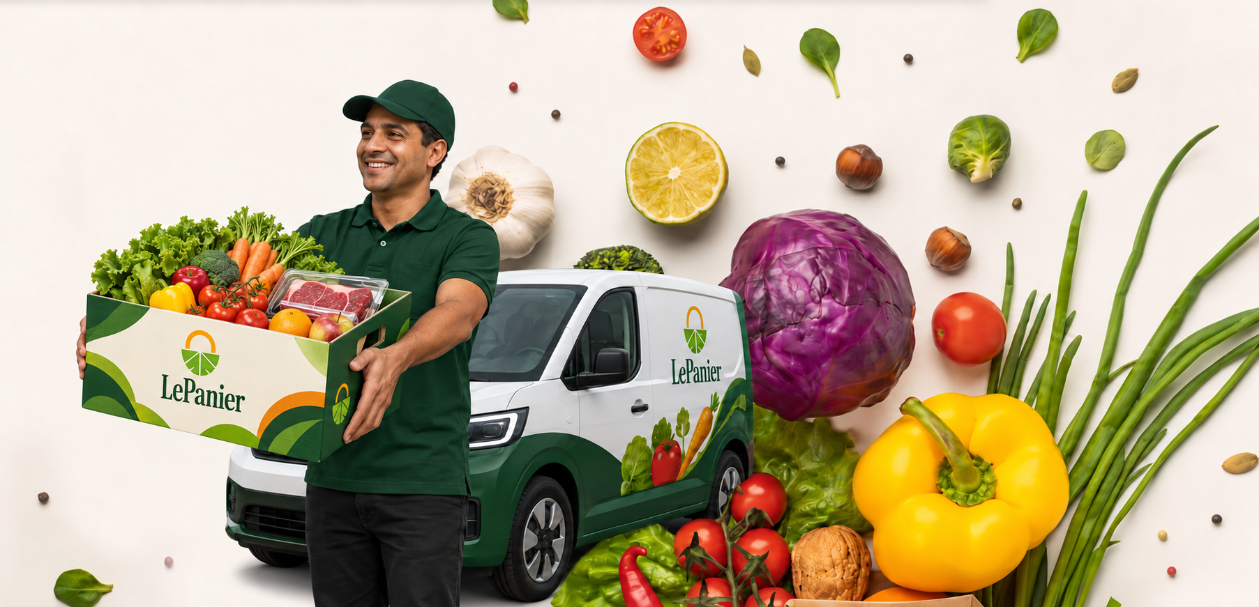 Livreur LePanier en casquette portant une caisse LePanier avec des fruits, des légumes et une barquette de viande emballée, devant une camionnette LePanier.