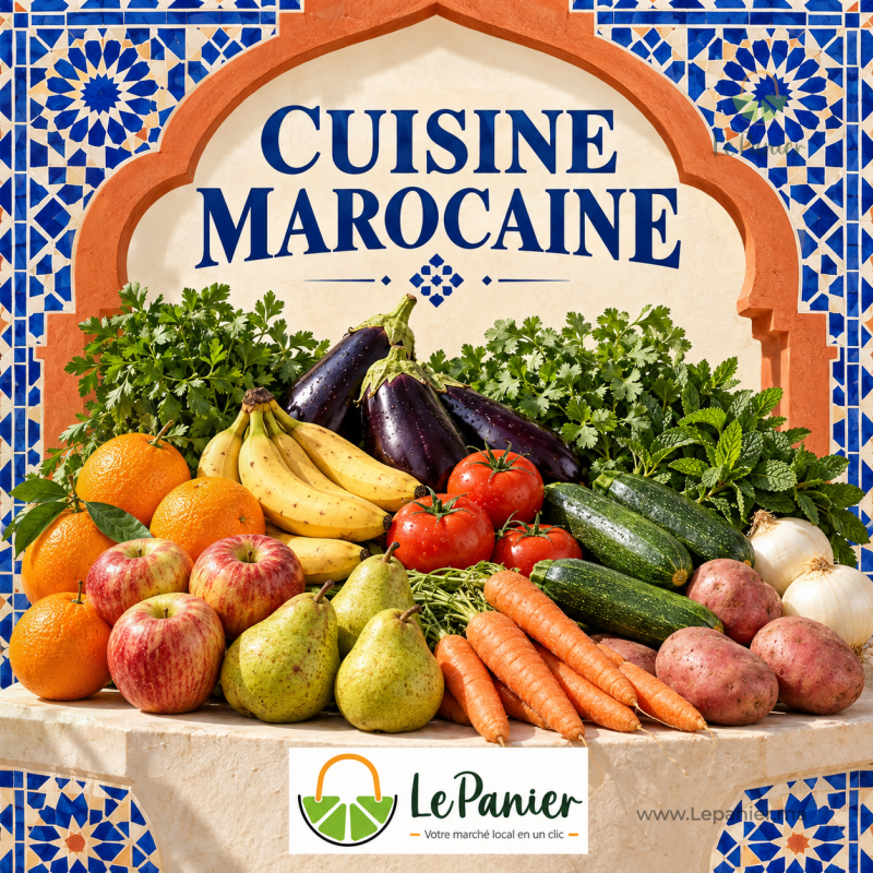 Panier Mixte Cuisine Marocaine : fruits, légumes et herbes, affiche marocaine avec zellige et logo LePanier.