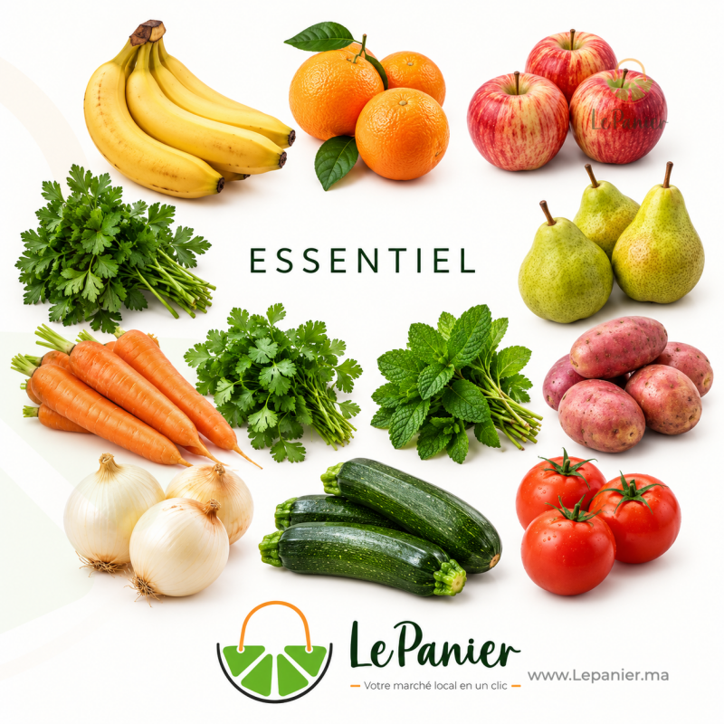 Panier Mixte Essentiel : fruits, légumes et herbes fraîches, style catalogue minimaliste, avec logo LePanier.