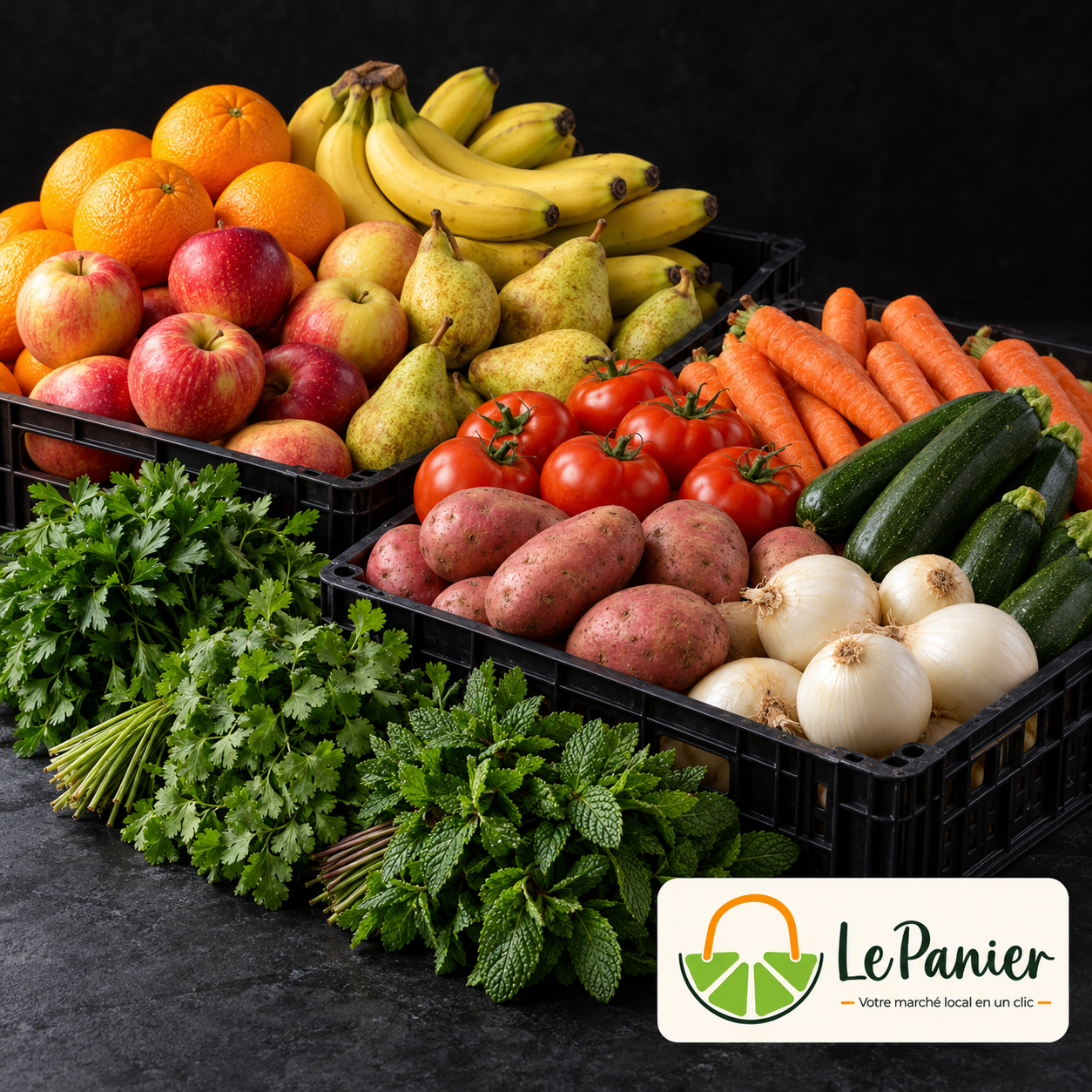 Panier Mixte Grande Famille — studio sur fond sombre Panier Mixte Grande Famille : fruits, légumes et herbes fraîches, style studio sur fond sombre, avec logo LePanier.