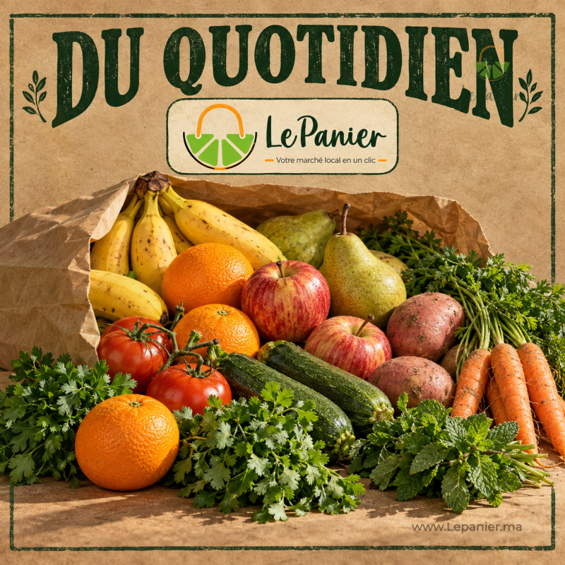 Panier Mixte du Quotidien : fruits, légumes et herbes, affiche sur papier kraft avec logo LePanier.
