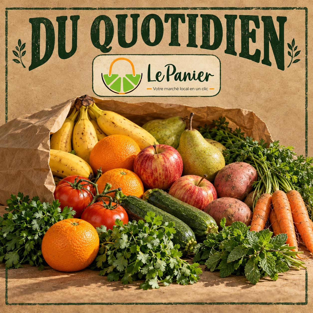 Panier Mixte du Quotidien — affiche kraft Panier Mixte du Quotidien : fruits, légumes et herbes, affiche sur papier kraft avec logo LePanier.