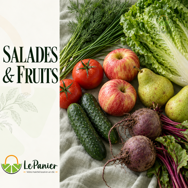Panier Mixte Salades et Fruits : fruits, légumes et herbes, couverture de magazine avec logo LePanier.