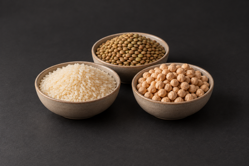 Trois bols de riz, de pois chiches et de lentilles sur fond sombre.