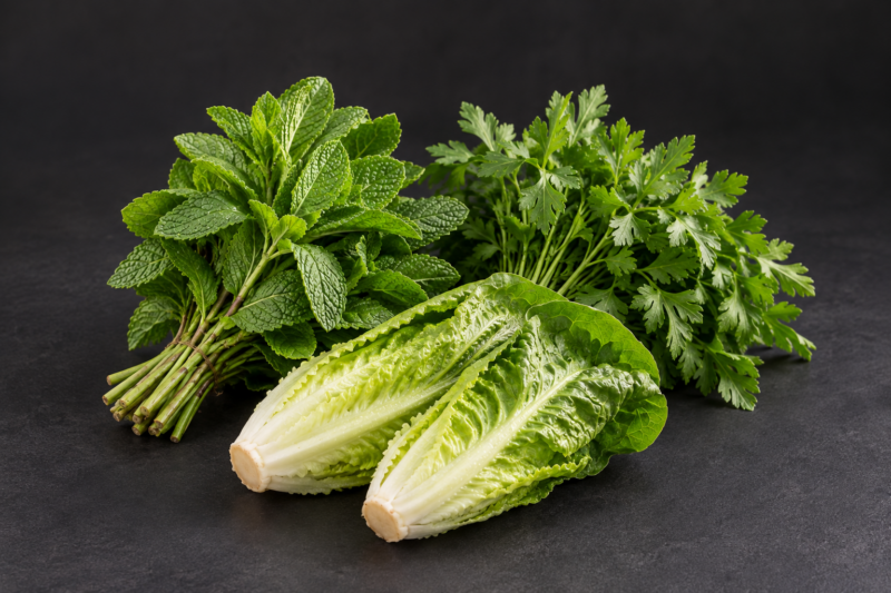 Deux bouquets d’herbes fraîches et un cœur de laitue sur fond sombre.